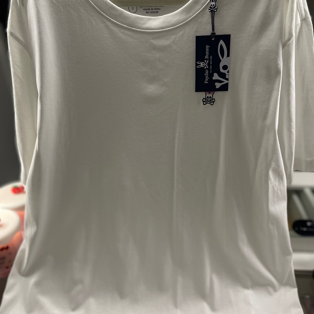 Psycho Bunny White Tee with Pink and Black Logo